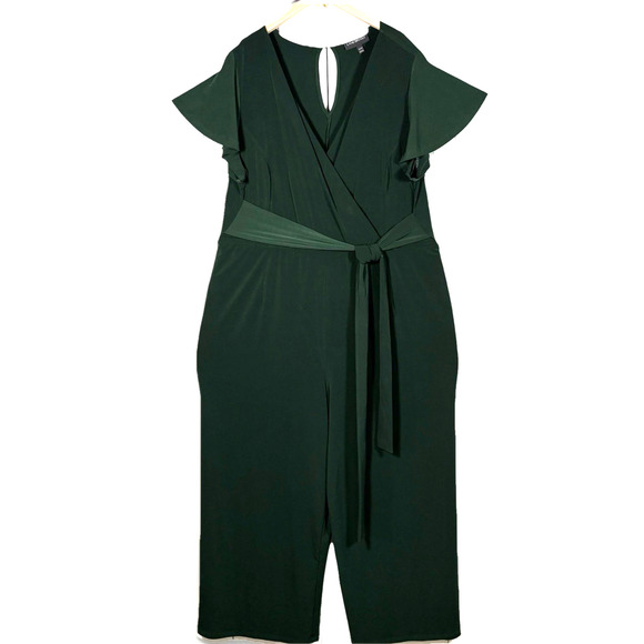 Lane Bryant Wide Leg Jumpsuit Size 22 24 Wrap Tie Front Green Ruffle Sleeve - Picture 1 of 10